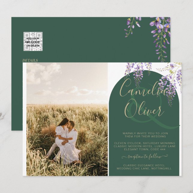 Budget All-in1 PHOTO Wedding Wisteria QR Code INV Invitation (Front/Back)