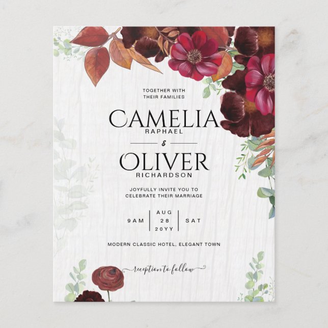 BUDGET All-in1 Rustic Fall Maroon Burgundy Wedding Flyer (Front)