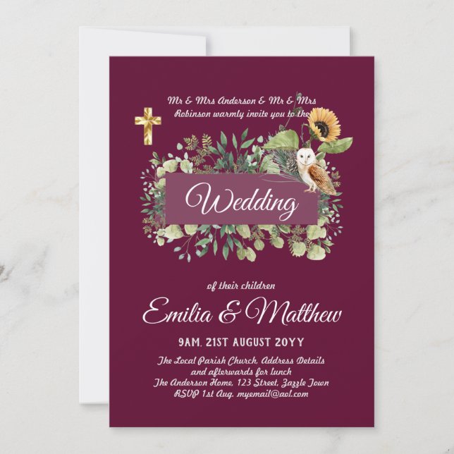 BUDGET All-in-1 Catholic Wedding Floral Owl Leaves Invitation (Front)