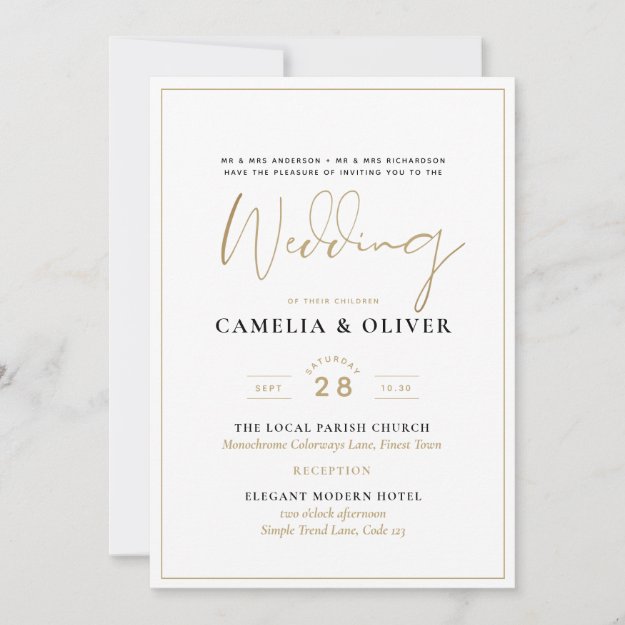 BUDGET All-in-1 Classic Gold Text White Wedding Fl Invitation