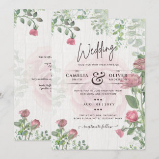 Budget All-in-1 Dusty Pink Roses Floral Wedding Invitation