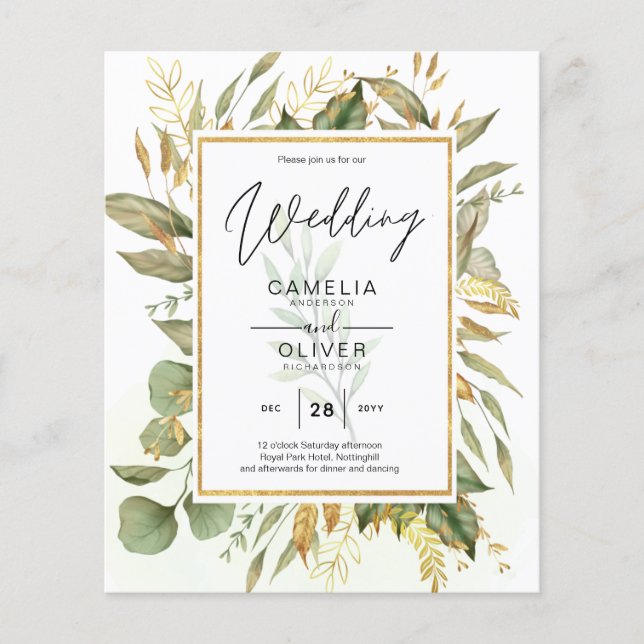 BUDGET All-in-1 Greenery Gold Leaves  Wedding Flyer (Front)