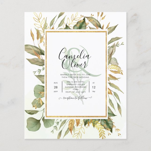BUDGET All-in-1 Greenery Gold Leaves  Wedding Flyer (Front)