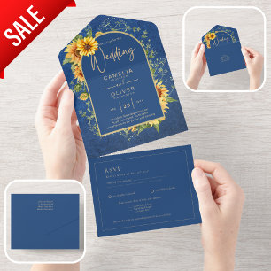 BUDGET All-in-1 Rustic Sunflowers BLUE Wedding All In One Invitation
