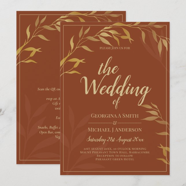 Budget All-in-1 Rustic Terracotta GOLD Wedding Invitation (Front/Back)