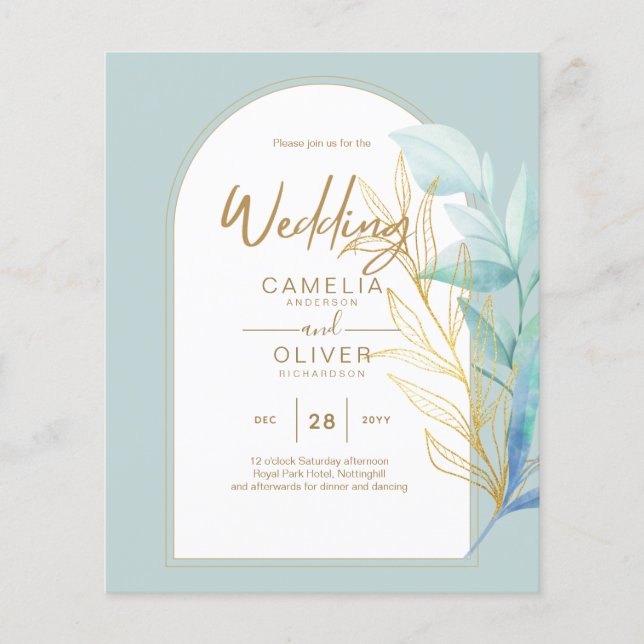 BUDGET All-in-1 Sea Glass Gold Leaf Sage Wedding Flyer (Front)
