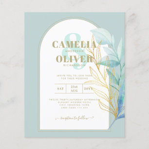 BUDGET All-in-1 Sea Glass Gold Leaf Sage Wedding Flyer