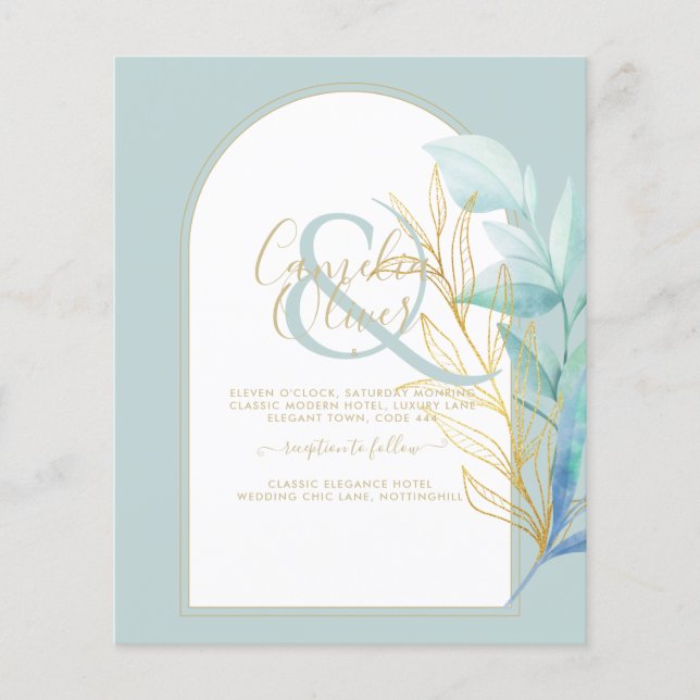 BUDGET All-in-1 Sea Glass Gold Leaf Sage Wedding Flyer (Front)