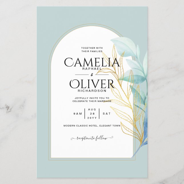 BUDGET All-in-1 Sea Glass Gold Leaf Sage Wedding Flyer (Front)