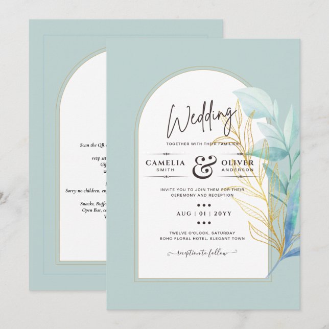 BUDGET All-in-1 Sea Glass Gold Leaf Sage Wedding Invitation (Front/Back)