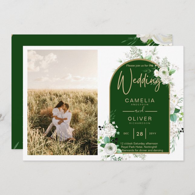 Budget All-in-1 White Roses Green Wedding QR Code Invitation (Front/Back)