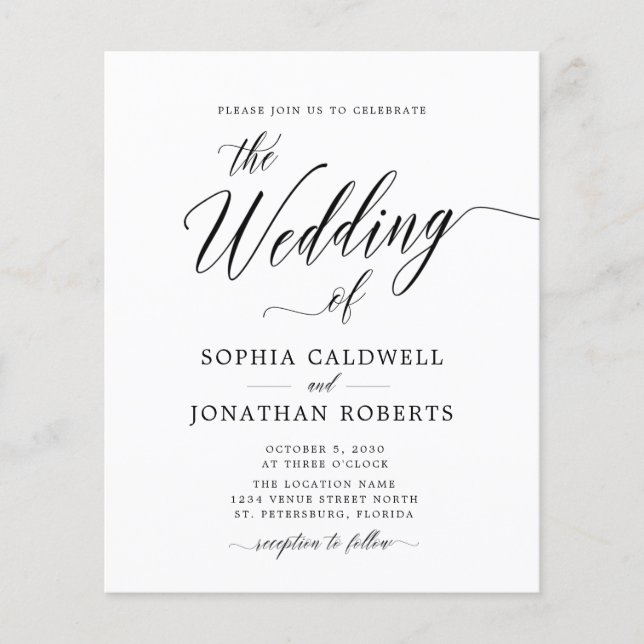 Budget All in One Black Calligraphy Wedding Invite (Front)