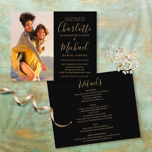Budget All In One Black Gold Photo Wedding Invite