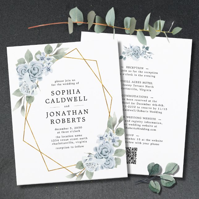 Budget All in One Blue Floral Wedding Invitation (Budget Wedding Invitation Double Sided All in One QR Code Blue Floral Geometric Frame)