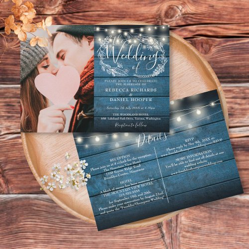 Budget All In One Blue Rustic Photo Wedding Invite