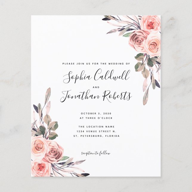 Budget All in One Blush Pink Roses Wedding Invite (Front)