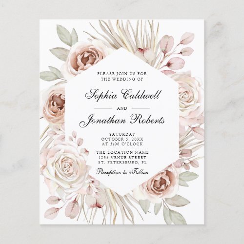 Budget All in One Boho Pink Roses Wedding Invite