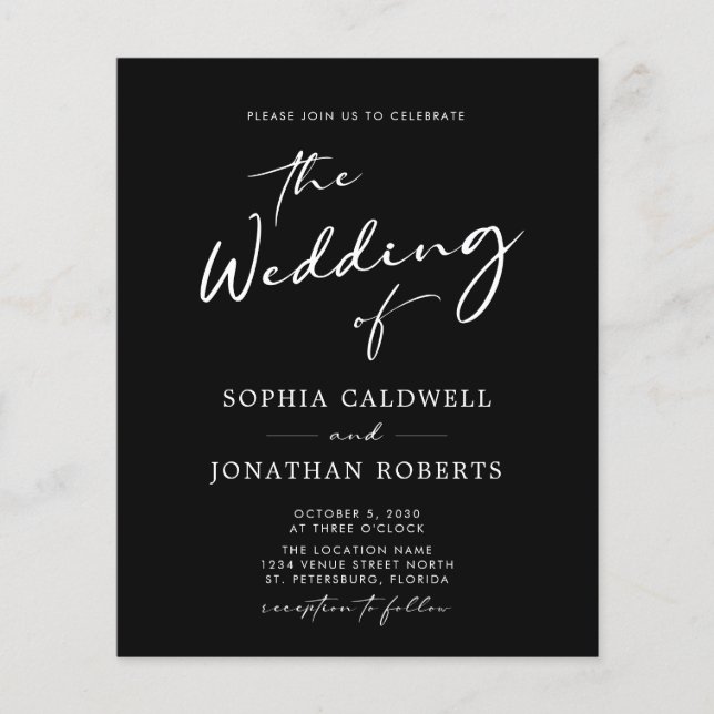 Budget All in One Calligraphy Black Wedding Invite (Front)