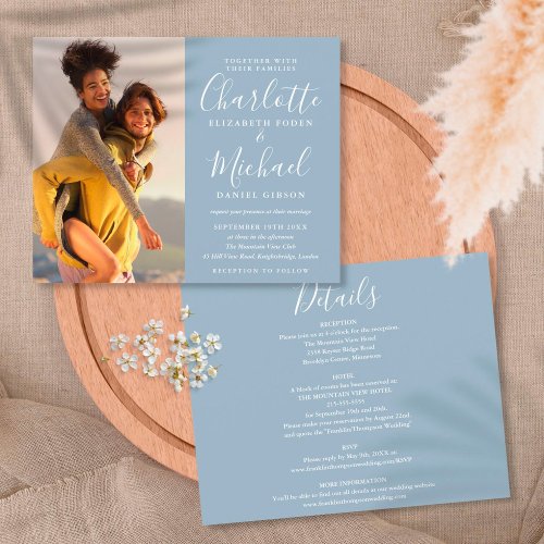 Budget All In One Dusty Blue Photo Wedding Invite