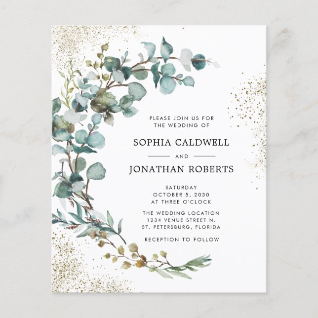 Budget All in One Eucalyptus Gold Wedding Invite (Front)