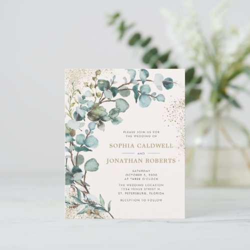 Budget All in One Eucalyptus Gold Wedding Invite