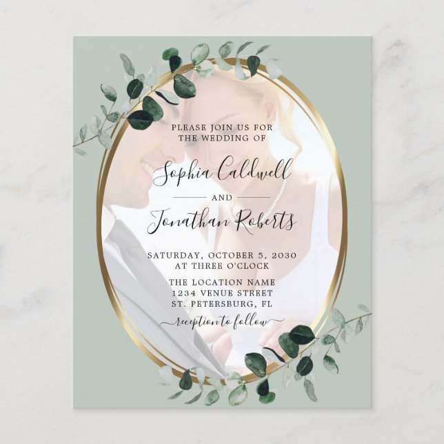 Budget All in One Eucalyptus Photo Wedding Invite (Front)