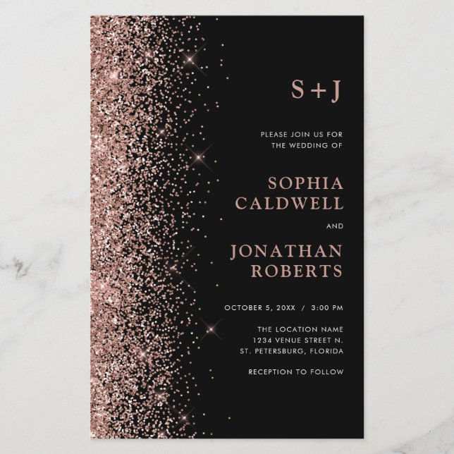 Budget All in One Glitter on Black Wedding Invite (Front)