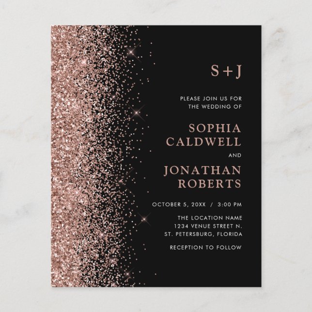 Budget All in One Glitter on Black Wedding Invite (Front)