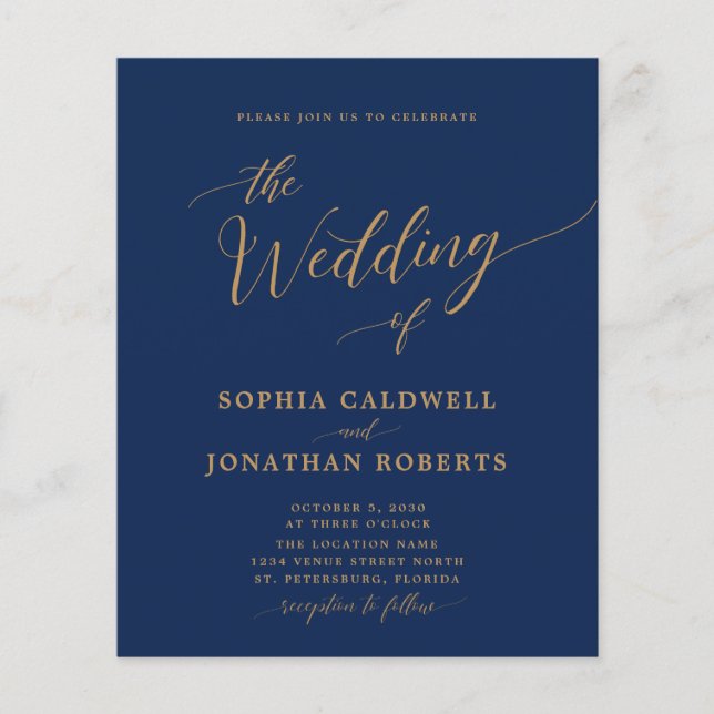 Budget All in One Gold and Navy Wedding Invite (Front)