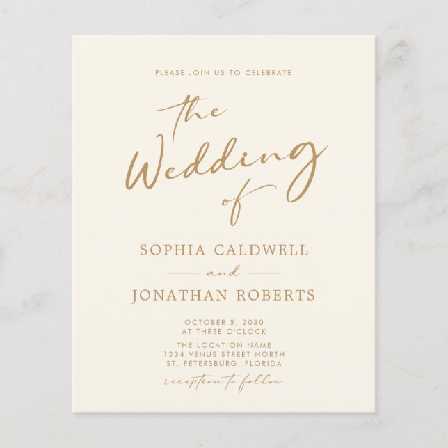 Budget All in One Gold Calligraphy Wedding Invite (Front)