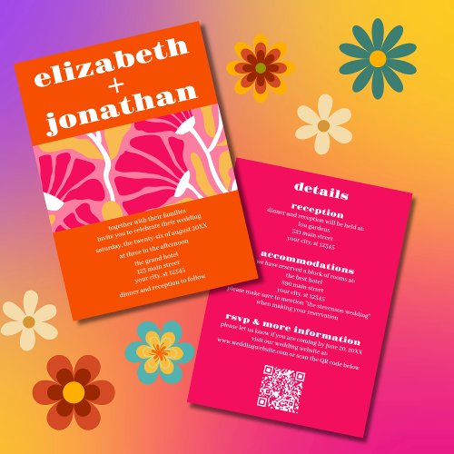 Budget All in One Hot Pink Orange Bold Wedding Invitation