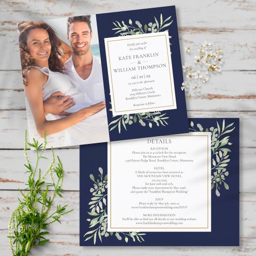 Budget All In One Navy Blue Photo Wedding Invite