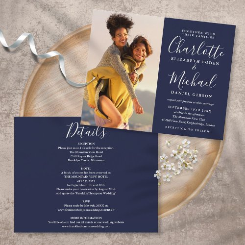 Budget All In One Navy Blue Photo Wedding Invite