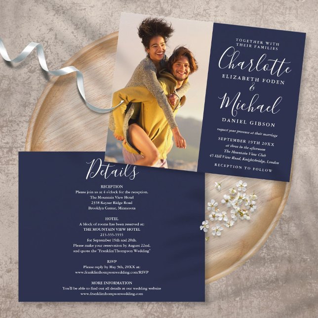 Budget All In One Navy Blue Photo Wedding Invite (Creator Uploaded)