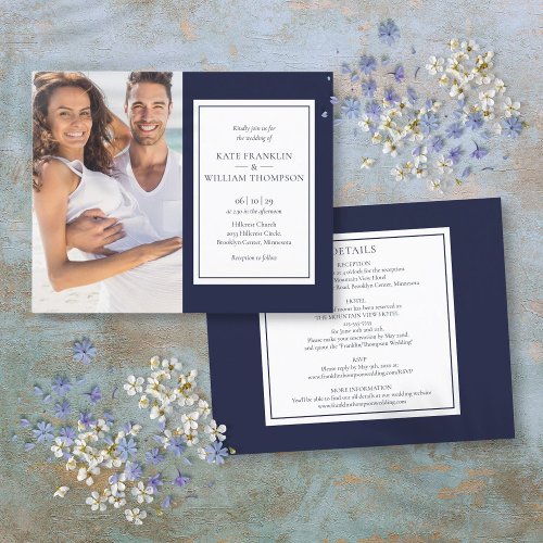 Budget All In One Navy Blue Photo Wedding Invite