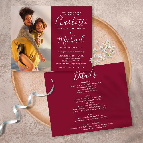 Budget All In One Photo Burgundy Wedding Invite
