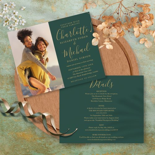 Budget All In One Photo Green Gold Wedding Invite