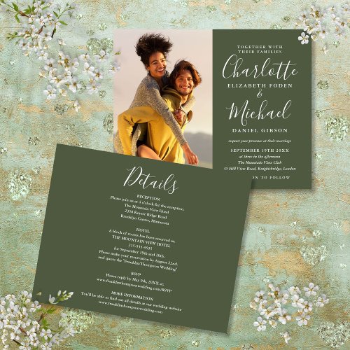 Budget All In One Photo Olive Green Wedding Invite