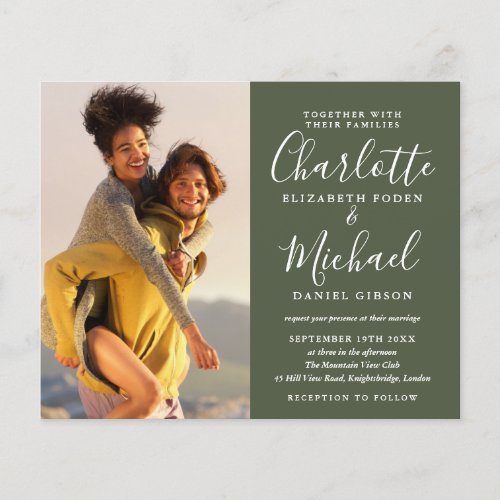 Budget All In One Photo Olive Green Wedding Invite