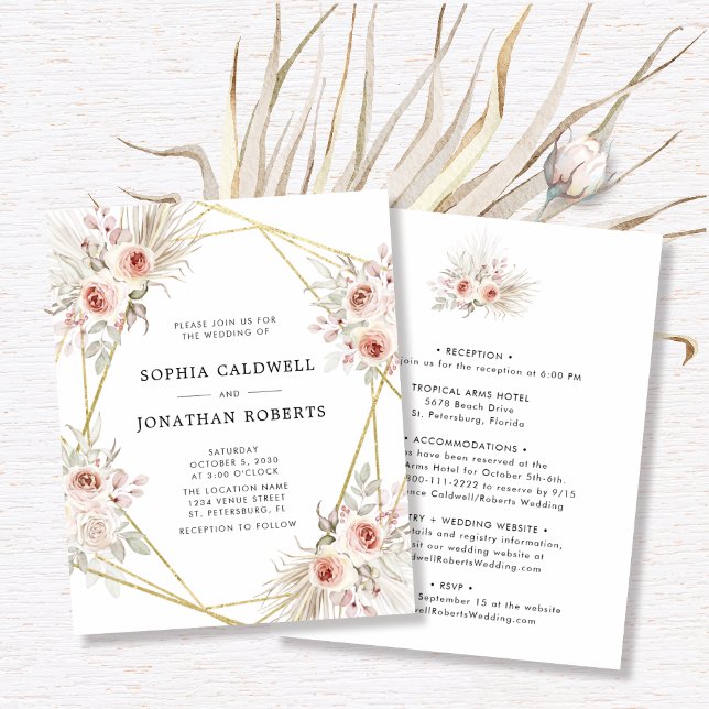 Budget All in One Pink Floral Gold Wedding Invite (Budget All in One Boho Roses Floral Gold Frame Wedding Wedding Invitation)