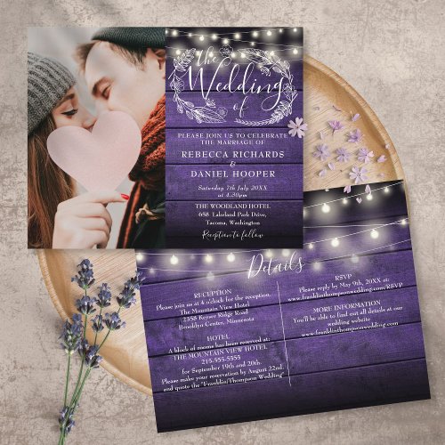 Budget All In One Purple Photo Wedding Invite