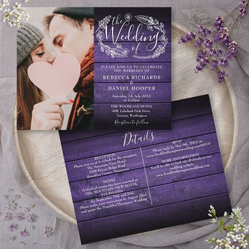 Budget All In One Purple Wood Photo Wedding Invite