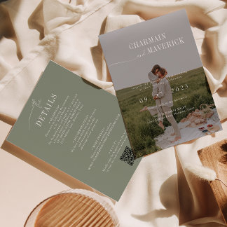 Budget all in one + QR code Sage Green Wedding Invitation