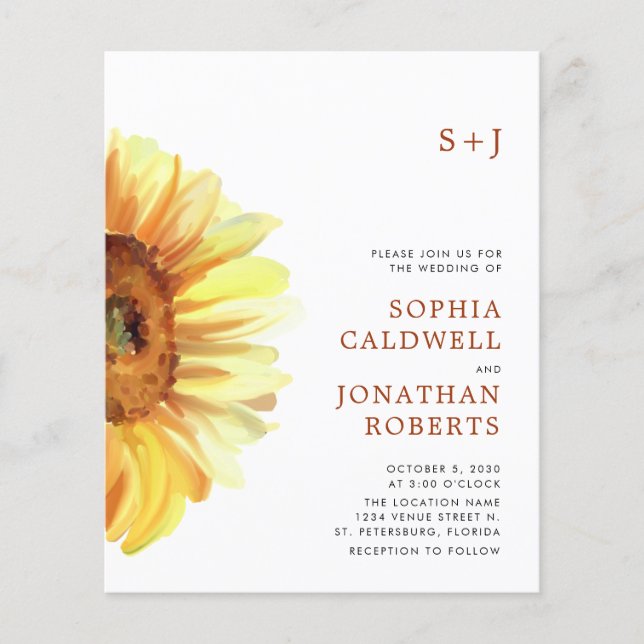 Budget All in One Sunflower Modern Wedding Invite (Front)
