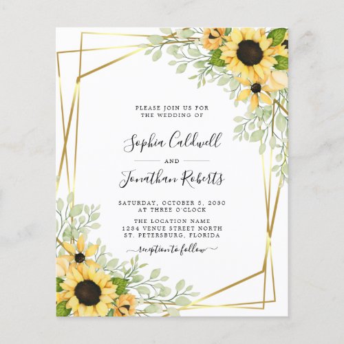 Budget All in One Sunflowers Gold Wedding Invite