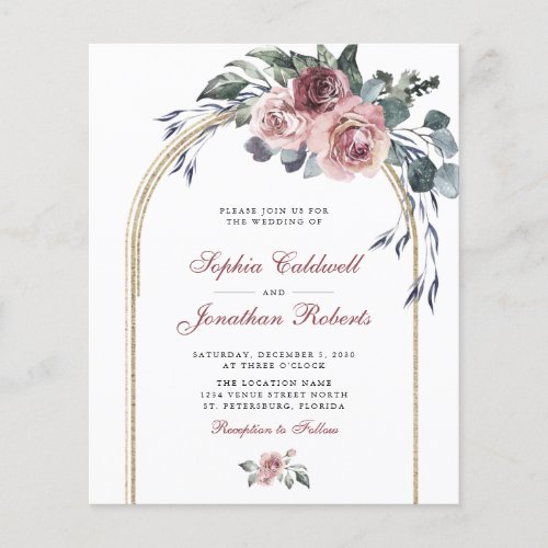 Budget All in One Winter Roses Gold Wedding Invite