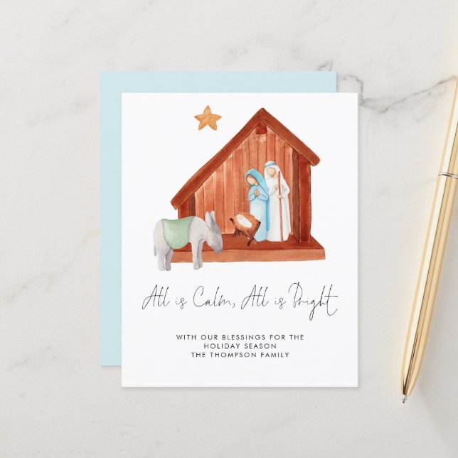 Budget All Is Calm Simple Nativity Holiday Card (Front/Back In Situ)