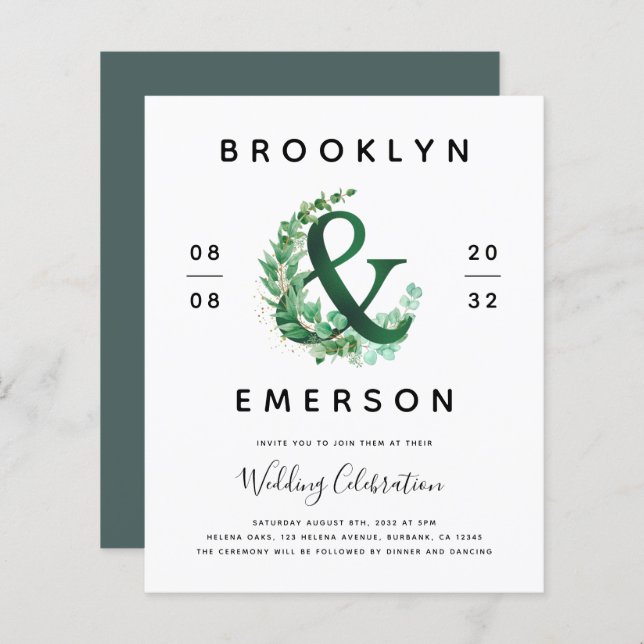 Budget Ampersand Greenery Wedding Invitation (Front/Back)