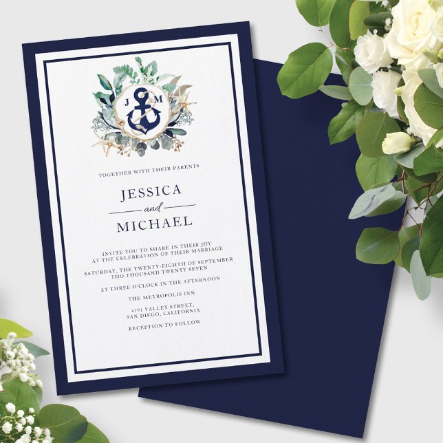 Budget Anchor Greenery Navy Wedding Invitation (Creator Uploaded)