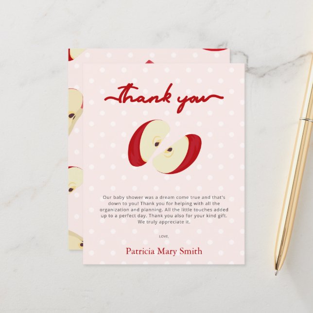 Budget Apple of our Eye Baby Shower Thank You Card (Front/Back In Situ)